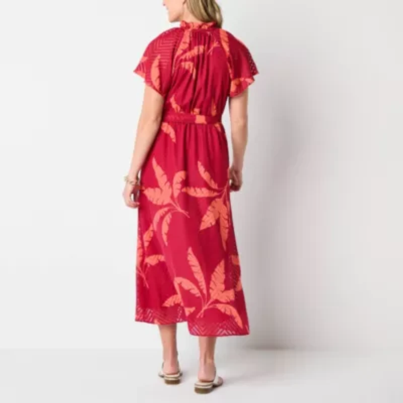 Liz Claiborne Womens Short Sleeve Midi Leaf A-Line Dress