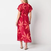 Liz Claiborne Womens Short Sleeve Midi Leaf A-Line Dress