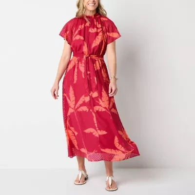 Liz Claiborne Womens Short Sleeve Midi Leaf A-Line Dress