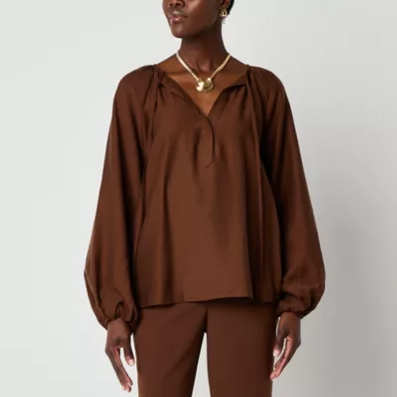 Worthington Womens Split Tie Neck Long Sleeve Blouse