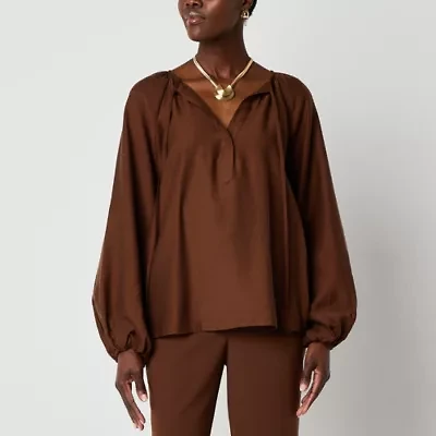 Worthington Womens Split Tie Neck Long Sleeve Blouse