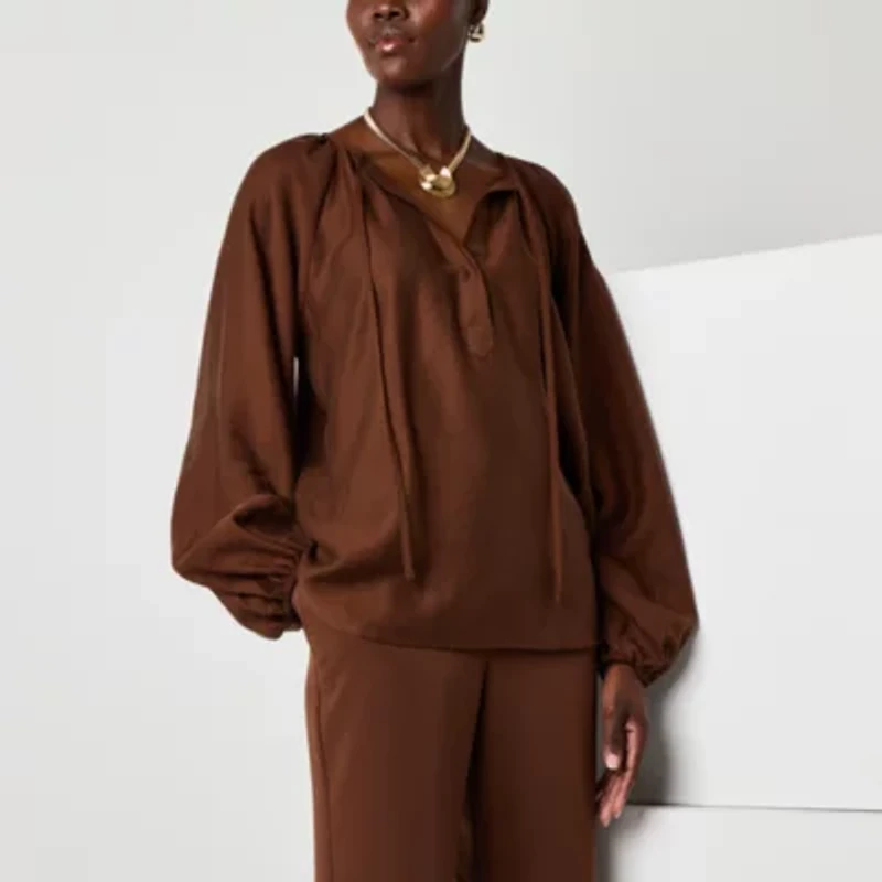 Worthington Womens Split Tie Neck Long Sleeve Blouse