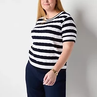 Liz Claiborne Womens Crew Neck Elbow Sleeve Plus Blouse