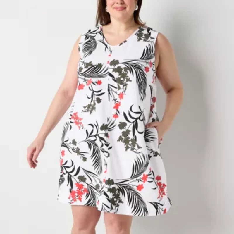 Liz Claiborne Womens Sleeveless Midi Floral Plus A-Line Dress