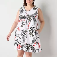 Liz Claiborne Womens Sleeveless Midi Floral Plus A-Line Dress