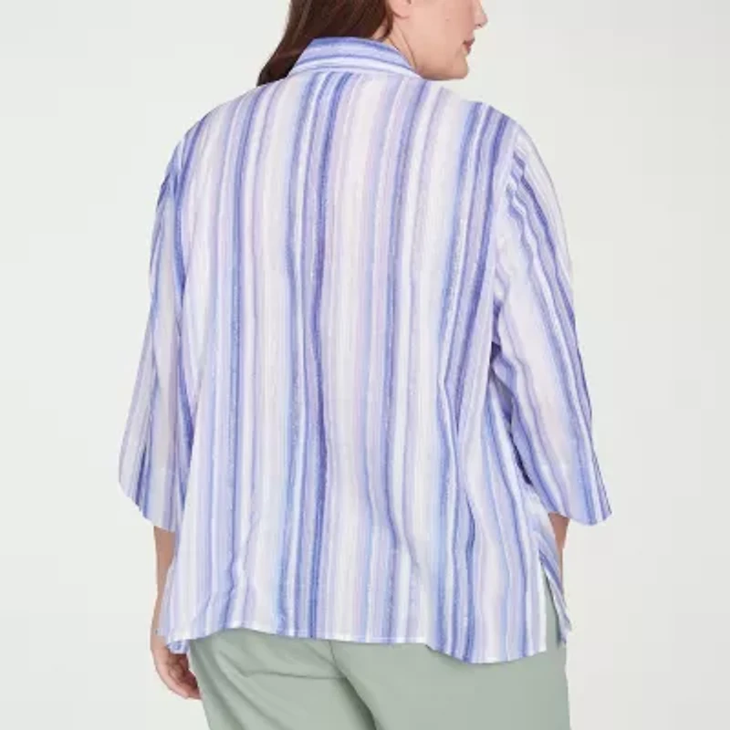 Alfred Dunner Santa Fe Womens 3/4 Sleeve Cuffed Plus Button-Down Shirt