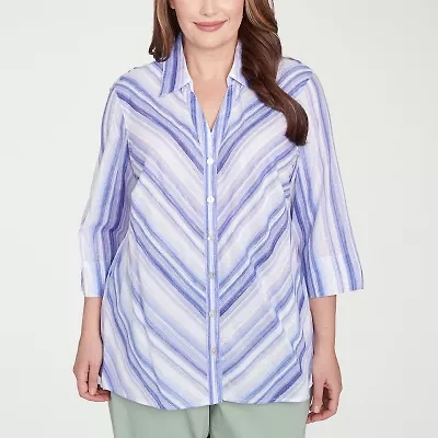 Alfred Dunner Santa Fe Womens 3/4 Sleeve Cuffed Plus Button-Down Shirt