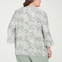 Alfred Dunner Santa Fe Womens Plus Split Crew Neck 3/4 Sleeve Embroidered Blouse