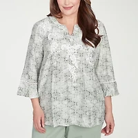 Alfred Dunner Santa Fe Womens Plus Split Crew Neck 3/4 Sleeve Embroidered Blouse