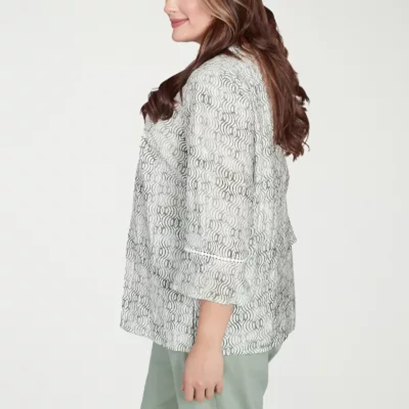 Alfred Dunner Santa Fe Womens Plus Split Crew Neck 3/4 Sleeve Embroidered Blouse
