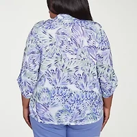 Alfred Dunner Santa Fe Womens 3/4 Sleeve Roll Tab Stretch Fabric Plus Button-Down Shirt