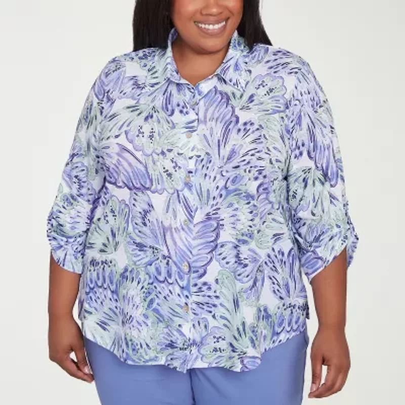 Alfred Dunner Santa Fe Womens 3/4 Sleeve Roll Tab Stretch Fabric Plus Button-Down Shirt