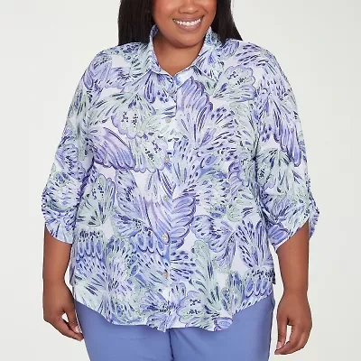 Alfred Dunner Santa Fe Womens 3/4 Sleeve Roll Tab Stretch Fabric Plus Button-Down Shirt