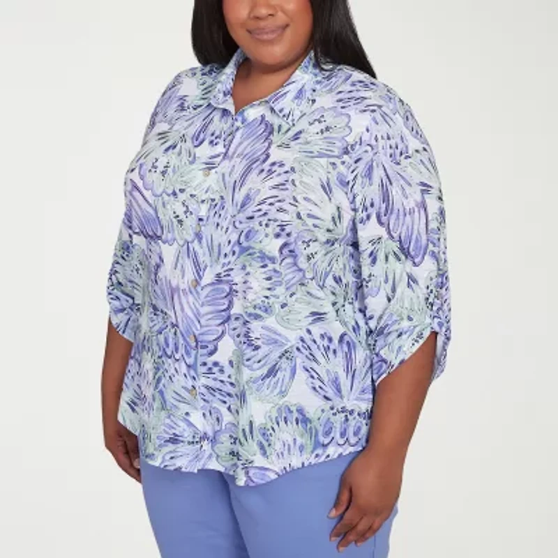 Alfred Dunner Santa Fe Womens 3/4 Sleeve Roll Tab Stretch Fabric Plus Button-Down Shirt