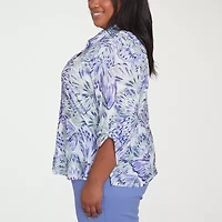 Alfred Dunner Santa Fe Womens 3/4 Sleeve Roll Tab Stretch Fabric Plus Button-Down Shirt
