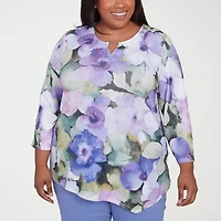 Alfred Dunner Santa Fe Womens Crew Neck 3/4 Sleeve Stretch Fabric Plus T-Shirt