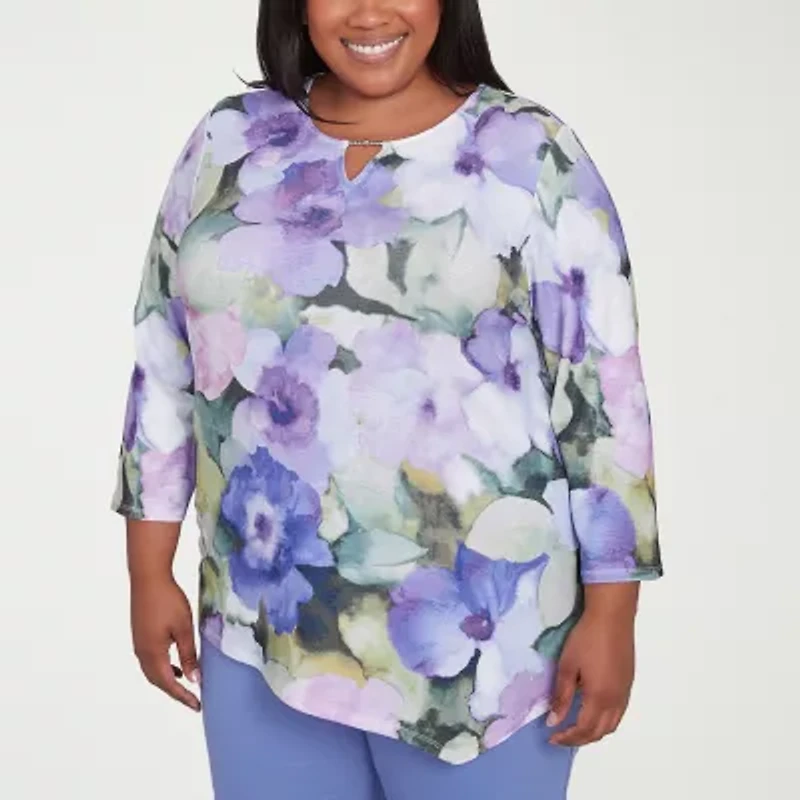 Alfred Dunner Santa Fe Womens Crew Neck 3/4 Sleeve Stretch Fabric Plus T-Shirt