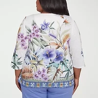 Alfred Dunner Santa Fe Womens Crew Neck 3/4 Sleeve Stretch Fabric Plus T-Shirt