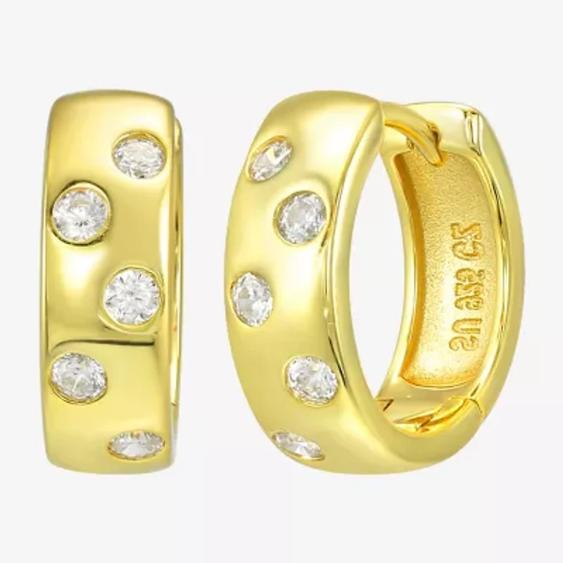 Silver Addiction Womens White Cubic Zirconia 14K Gold Over Silver 13.9mm Round Hoop Earrings