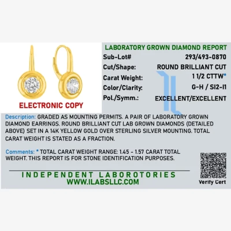 Diamond Addiction G-H/Si2-I1 Womens 1 1/2 CT. T.W. Lab Grown White Diamond 14K Gold Over Silver Round Drop Earrings