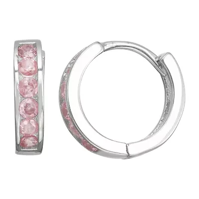 Children'S Girls Pink Cubic Zirconia Sterling Silver 12mm Hoop Earrings
