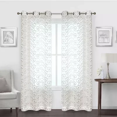 Regal Home Embroidered Swirl Grommet Top Sheer Set of 2 Curtain Panel