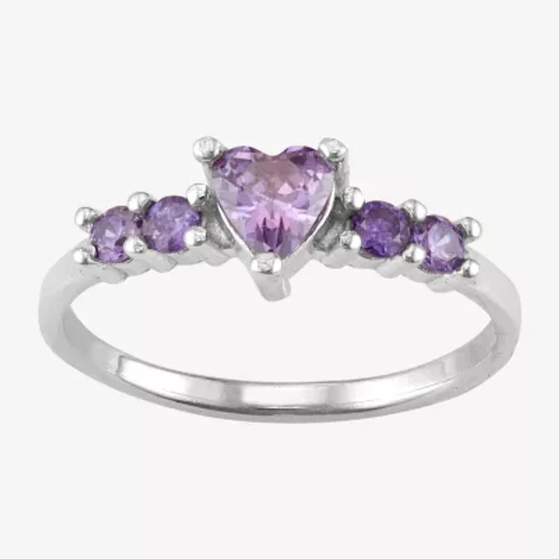 Girls Purple Cubic Zirconia Sterling Silver Heart Cocktail Ring
