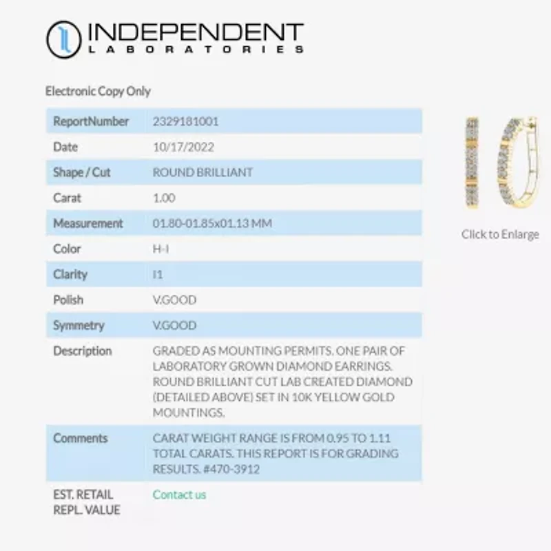 (H-I / I1) Womens 1 CT. T.W. Lab Grown White Diamond 10K Gold 25.6mm Hoop Earrings