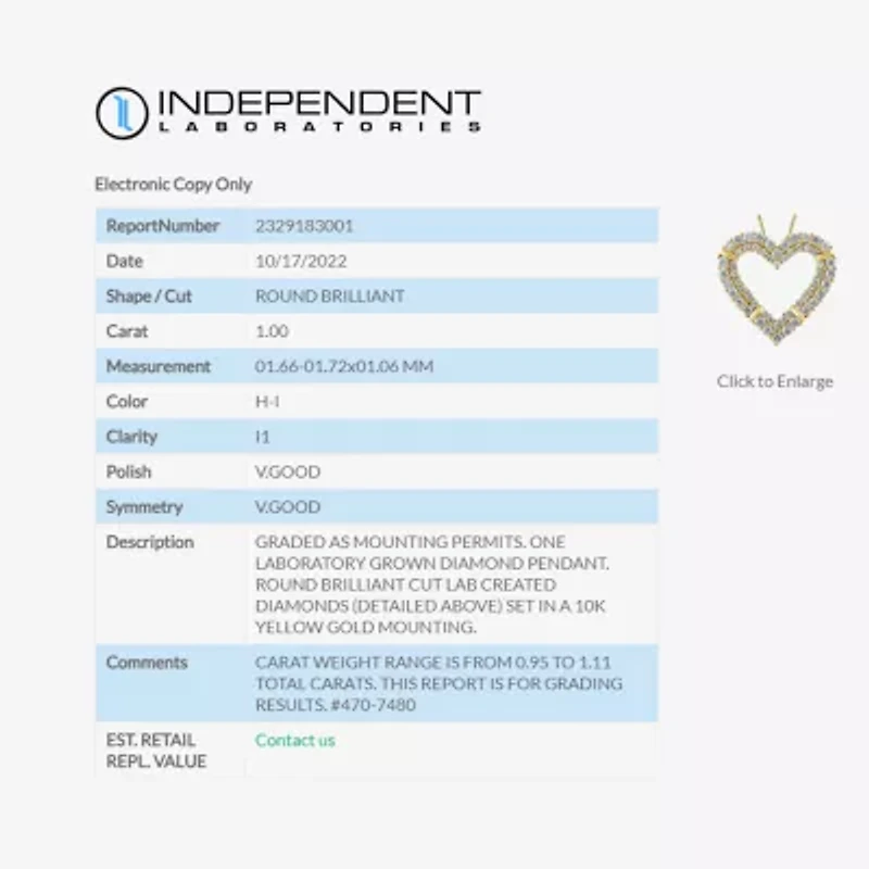 H-I / I1) Womens 1/ CT. T.W. Lab Grown White Diamond 10K Gold Heart 18 Inch Pendant Necklace