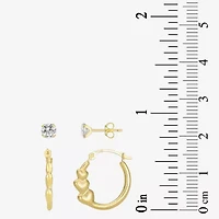 Womens Cubic Zirconia 10K Gold Round 2 Pair Earring Set