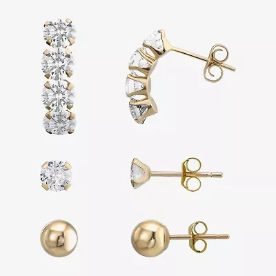 Womens Lab Created Cubic Zirconia 10K Gold Ball 3 Pair Earring Set