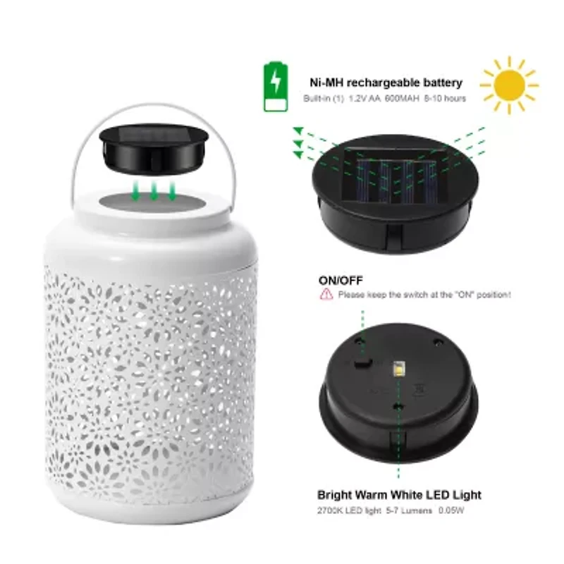 Glitzhome 8.75" White Metal Solar Hanging Decorative Lantern