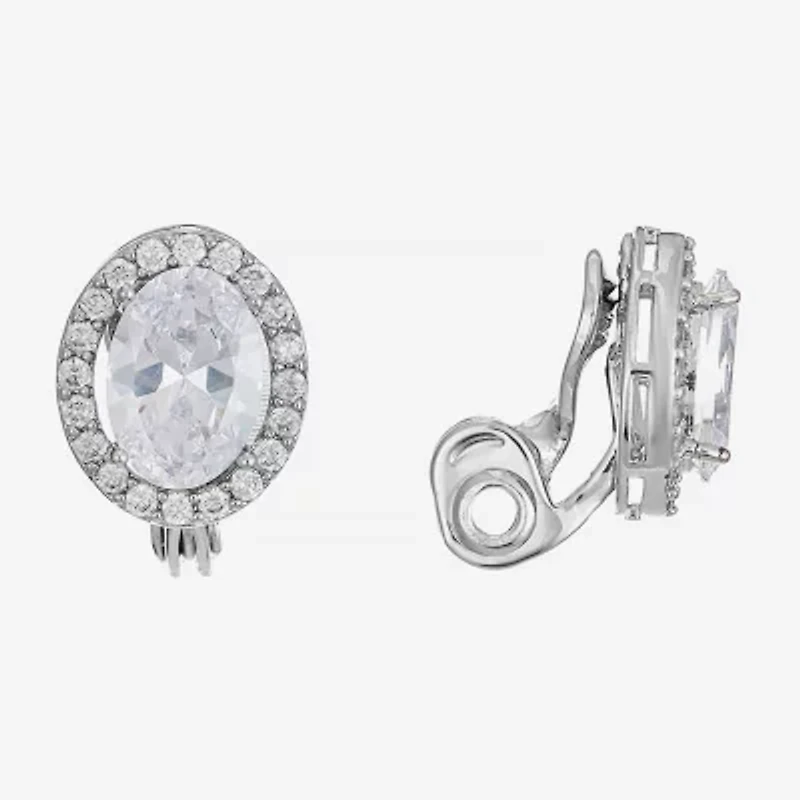 Monet Jewelry Timeless Silver Tone Halo Womens Cubic Zirconia Oval Clip On Earrings
