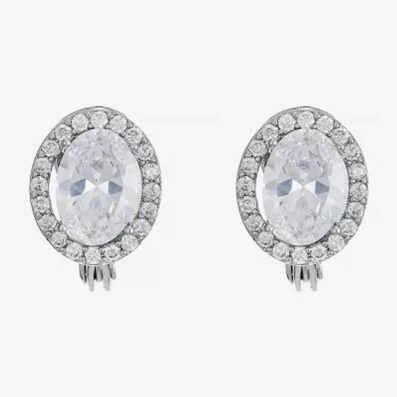 Monet Jewelry Timeless Silver Tone Halo Womens Cubic Zirconia Oval Clip On Earrings