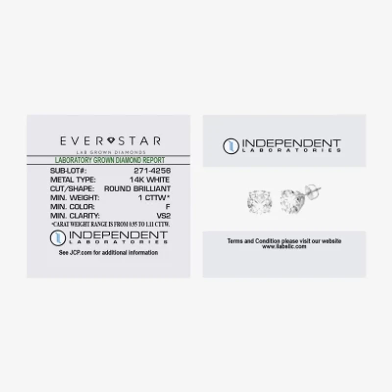 Ever Star (G / VS2) 1 CT. T.W. Lab Grown White Diamond 14K Gold 5.2mm Round Stud Earrings