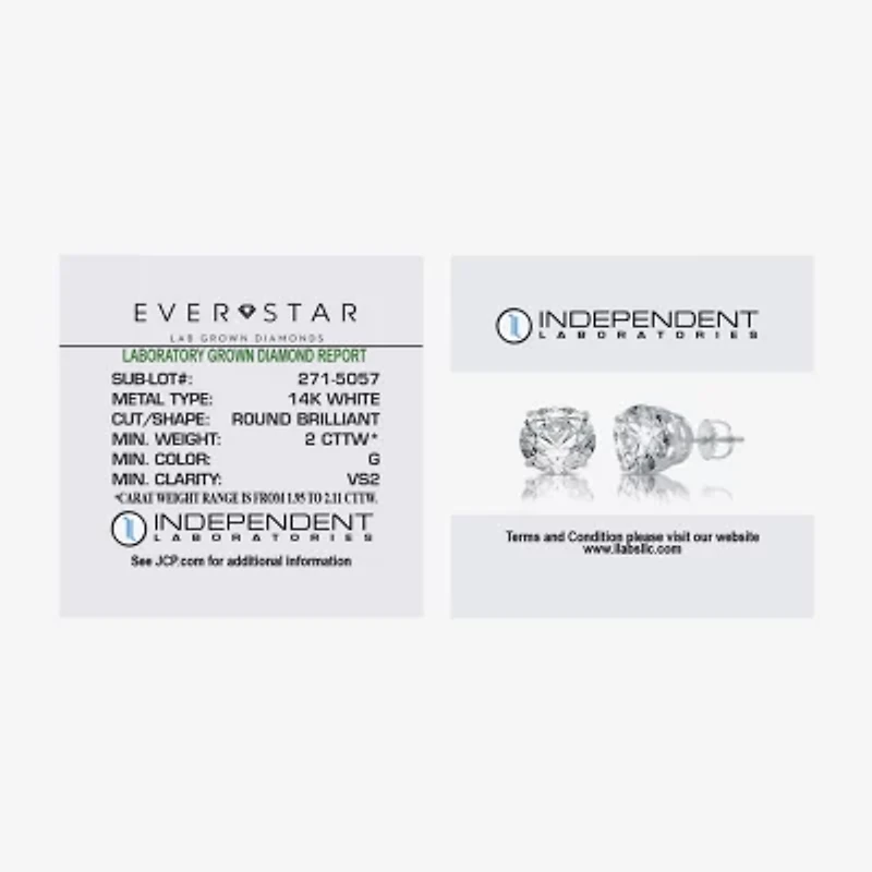 Ever Star (G / VS2) 2 CT. T.W. Lab Grown White Diamond 14K Gold 6.3mm Round Stud Earrings