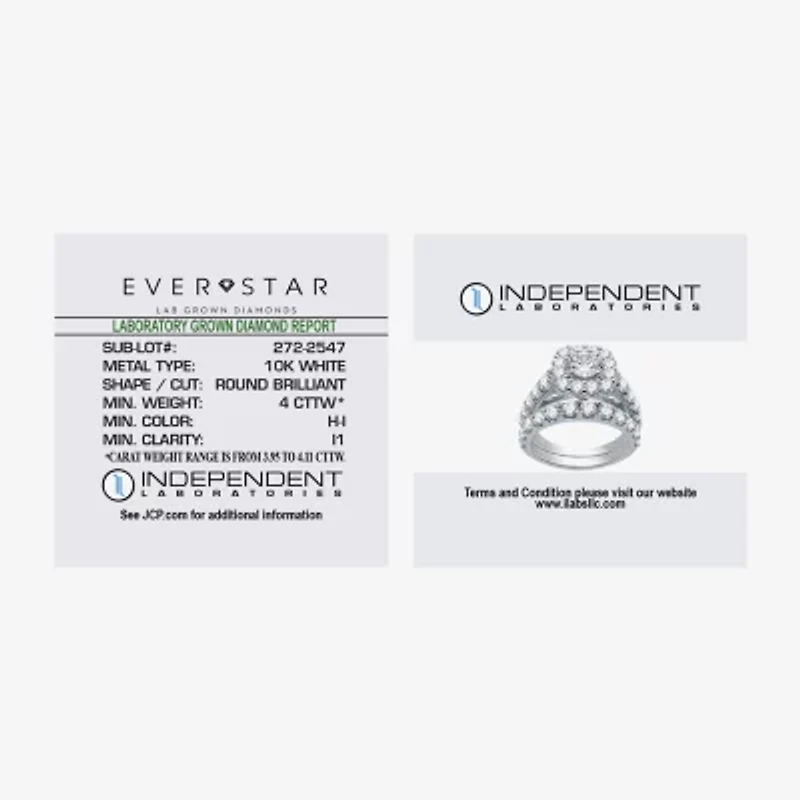 (H-I / I1) Womens 4 CT. T.W. Lab Grown White Diamond 10K Gold Cushion Side Stone Halo Bridal Set