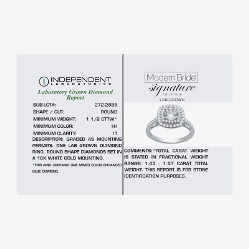 Signature By Modern Bride (H-I / I1) Womens 1 1/2 CT. T.W. Lab Grown White Diamond 10K Gold Cushion Side Stone Halo Engagement Ring