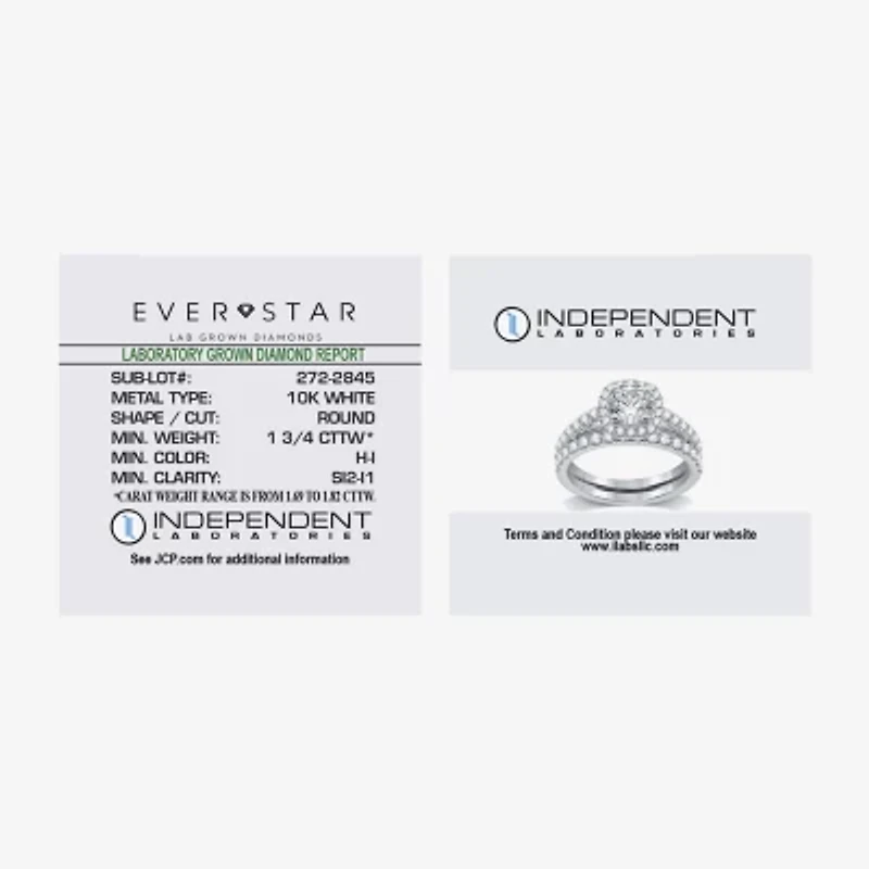 (H-I / Si2-I1) Womens 1 3/4 CT. T.W. Lab Grown White Diamond 10K Gold Cushion Side Stone Halo Bridal Set