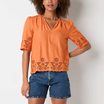 a.n.a Eyelet Womens V Neck Short Sleeve Blouse