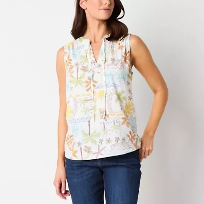 St. John's Bay Womens Hidden Access Opening Split Tie Neck Sleeveless Adaptive Blouse