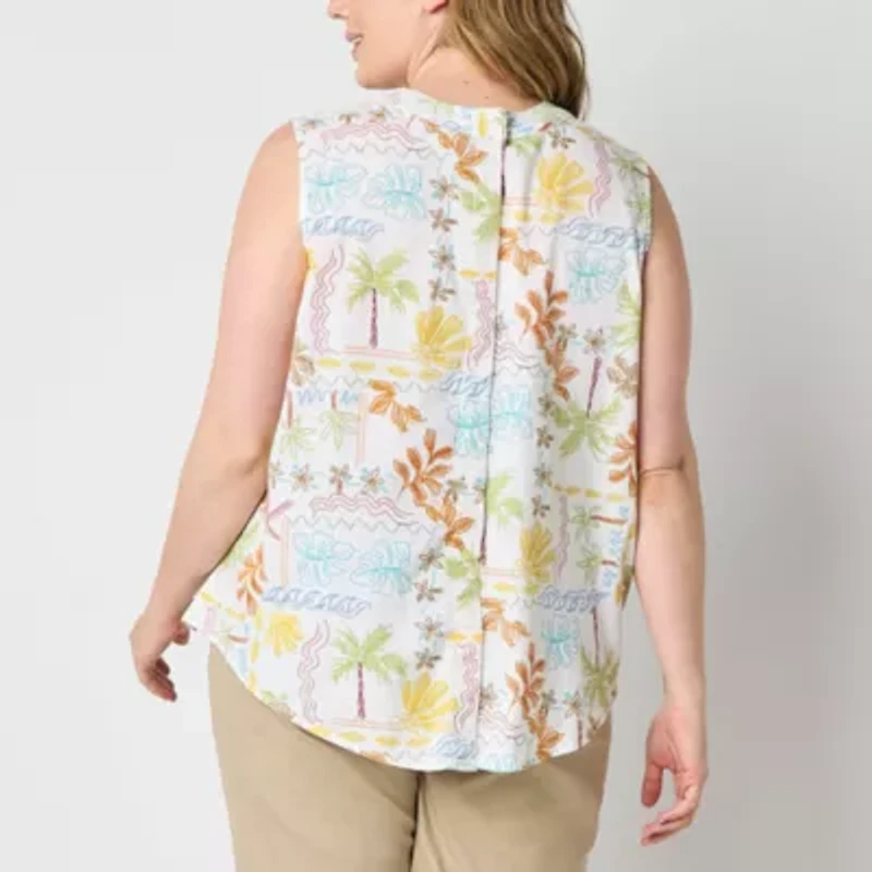 St. John's Bay Womens Plus Easy-on + Easy-off Hidden Access Opening Split Tie Neck Sleeveless Blouse