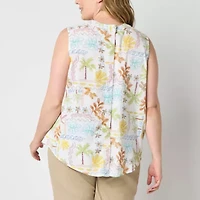 St. John's Bay Womens Plus Easy-on + Easy-off Hidden Access Opening Split Tie Neck Sleeveless Blouse