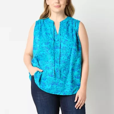 St. John's Bay Womens Easy-on + Easy-off Hidden Access Opening Split Tie Neck Sleeveless Plus Blouse
