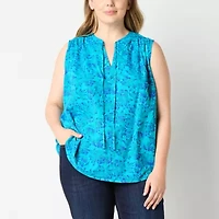 St. John's Bay Womens Easy-on + Easy-off Hidden Access Opening Split Tie Neck Sleeveless Plus Blouse