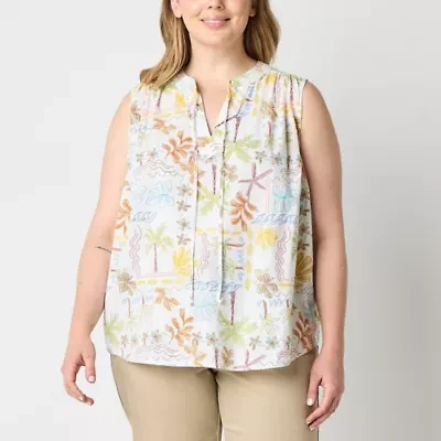 St. John's Bay Womens Plus Easy-on + Easy-off Hidden Access Opening Split Tie Neck Sleeveless Blouse