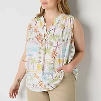St. John's Bay Womens Plus Easy-on + Easy-off Hidden Access Opening Split Tie Neck Sleeveless Blouse