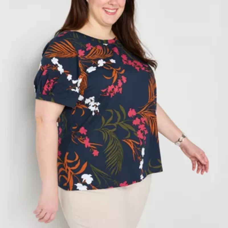 Liz Claiborne Womens Plus Boat Neck Short Sleeve Blouse