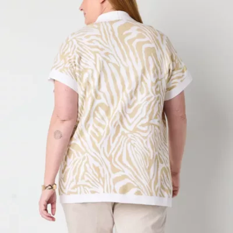Liz Claiborne Womens Short Sleeve Open Front Plus Animal Cardigan