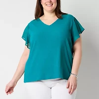 Liz Claiborne Womens V Neck Short Sleeve Plus Blouse